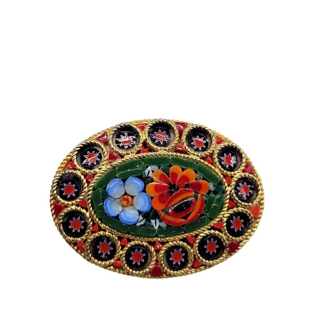 Micro Mosaic Floral Brooch Oval Glass Chips Gold Tone